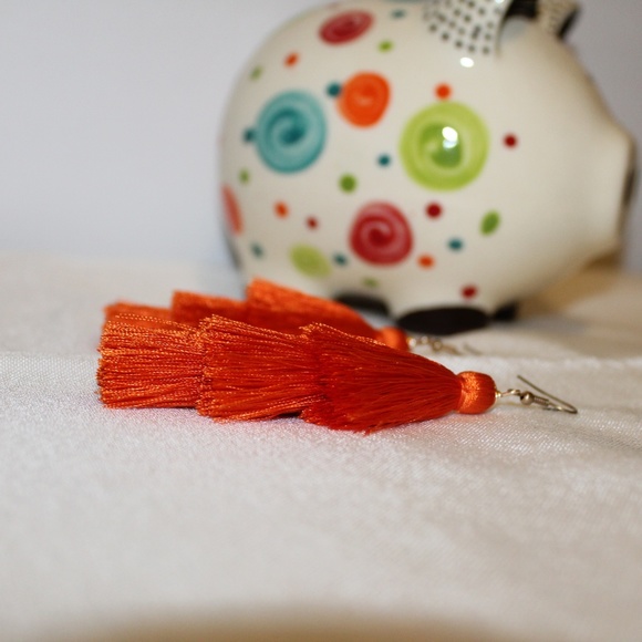 Three Layered Orange Tassel Earrings - Picture 5 of 5